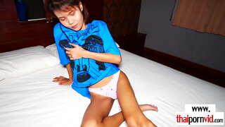 Skinny brunette amateur asian bargirl riding on a european cock